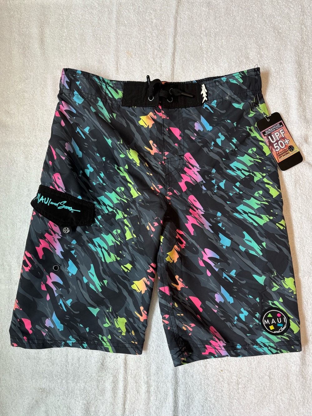 Maui and Sons Black Neon Multicolor Swim Trunks Boys Youth Large 14/16 28” Waist